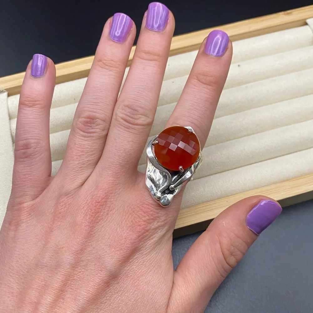 Sterling Silver Large Carnelian Stone Ring - Picture 9 of 16
